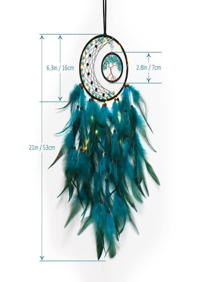 KHOYIME LED Dream Catcher Light Up Tree of Life Dreamcatcher with Healing Crystal Stone Handmade Feather Wall Hanging for Bedroom Bohemian Home Decor Wedding Ornament Craft Gift (Blue&Green) - Image 3